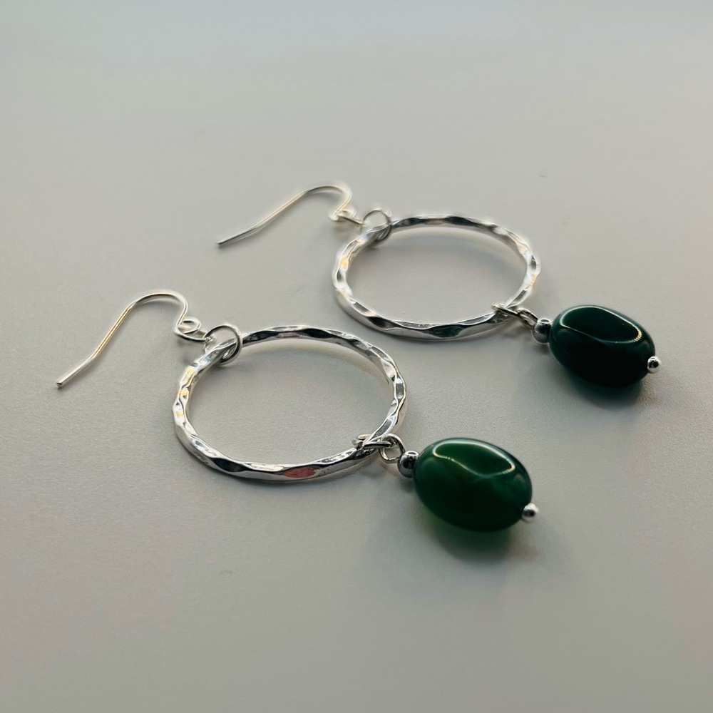 Silver Tone Hoop Earrings Accented with Green Beads - Picture 2 of 2